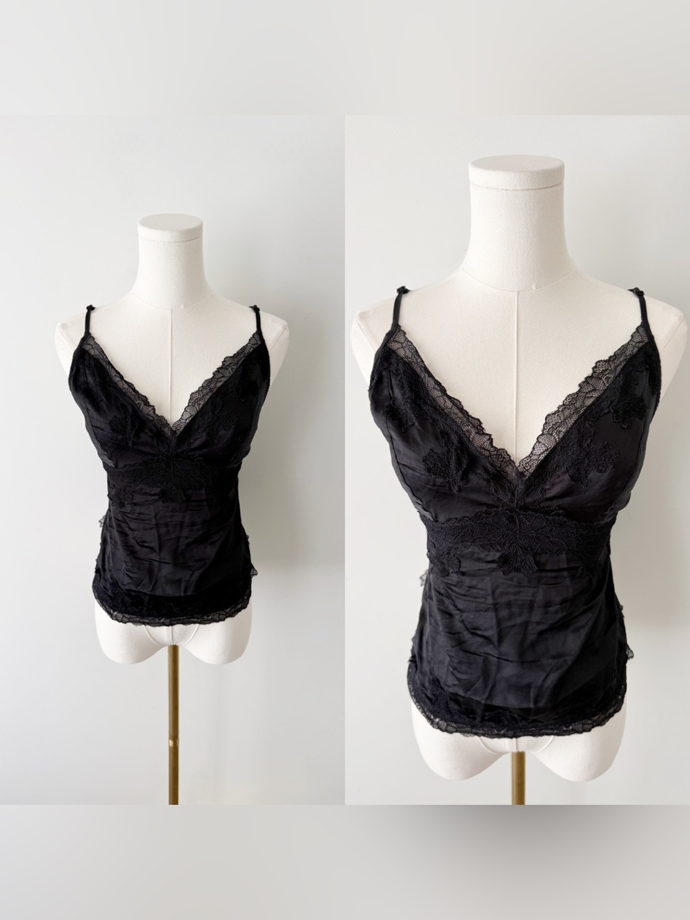 2000s black silk lace trim camisole